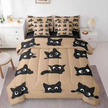 Imagem de Erosebridal Jogo de cama casal com 7 peças de gatos pretos fofos para crianças, meninos e meninas (preto e cáqui) – Conjunto de edredom com estampa de gatinho e animais fofos com lençol