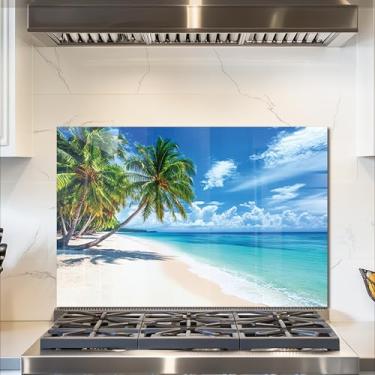 Imagem de fzxwyishu Backsplash de vidro temperado para cozinha, protetor de salpicos de fogão, design de cenário de praia | Tábua resistente ao calor, decoração de parede de cozinha (Art Deco 2, 76,2 x 50,8 cm)