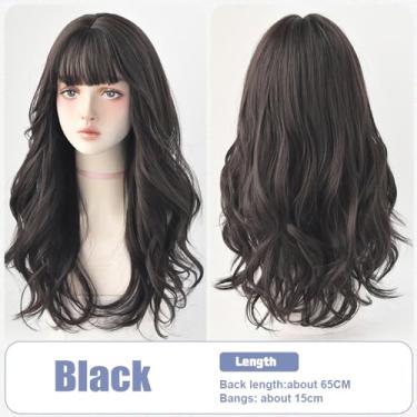 Imagem de Mingzhe Peruca Longa Ondulada de Cabelo Humano, Perucas Macias e Grossas de 25 Polegadas Com Franja para Qualquer Ocasião, Touca Peruca Respirável Ajustável, Fácil Usar, Economia (Preta)
