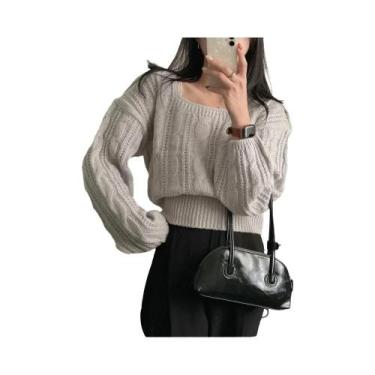 Imagem de Suéter Feminino De Tricô Manga Lanterna Gola Quadrada Manga Longa Cor 
