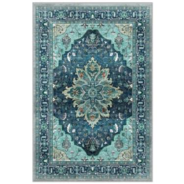 Imagem de RELEANY Tapetes quadrados de 2,1 m, lavável, antiderrapante, floral, vintage, estampa de angústia, tapete medalhão para sala de estar, quarto, sala de jantar, verde-petróleo, azul lago turquesa