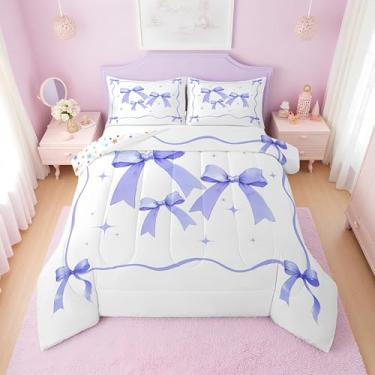 Imagem de Erosebridal Conjunto de edredom Queen com laço roxo para meninas | Jogo de cama fofo com gravata borboleta de princesa Kawaii, 2 fronhas