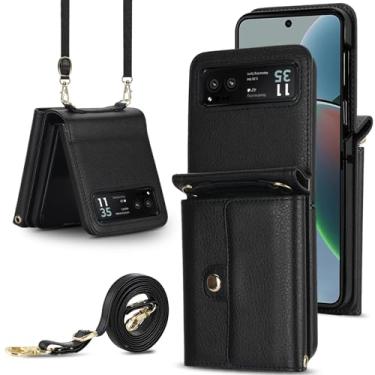 Imagem de Capa carteira para Motorola Razr 40, porta-cartões com bloqueio RFID e alça destacável, couro durável e TPU, 4 compartimentos para cartão, proteção contra quedas, capa flip com suporte para uso diário