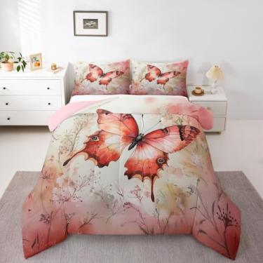 Imagem de Erosebridal Jogo de cama King com borboleta, rosa, laranja, aquarela, para quarto de meninas, crianças, adolescentes, cottagecore, flores silvestres, vintage, estilo pastel, edredom floral