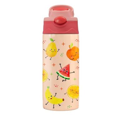Imagem de CGMIBAS Garrafa de água infantil de 350 ml, garrafa de água de frutas felizes para escola, garrafas infantis isoladas com canudo e alça, à prova de vazamento, sem BPA, tampa de palha, copo de presente