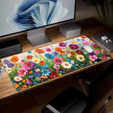 Imagem de Tapete de mesa de flor de couro, mouse pad de arte colorida grande teclado de computador mousepad para jogos à prova d'água protetor e capa de mesa, tapete de mouse decorativo de couro PU para laptop
