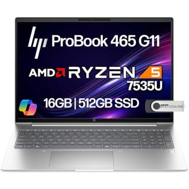 Imagem de HP Laptop empresarial ProBook 465 460 G11 tela FHD + de 16 polegadas, AMD Ryzen 5 7535U, 16 GB DDR5 RAM, 512 GB NVMe, Wi-Fi 6E, RJ-45, webcam, teclado retroiluminado, Win 11 Pro - Plástico prata Pike