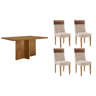 Imagem de Sala Jantar Mesa Berlim Tampo Curvo 120cm+4 Cadeiras Jaspe Madeira Naturale - Capuccino/Linho Bege - Rufato