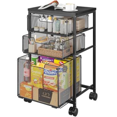 Imagem de Sbanmao Carrinho de armazenamento com 1 gaveta grande + 2S, carrinho utilitário de metal sobre rodas com tampo de madeira, carrinho organizador de arte de artesanato resistente para sala de aula