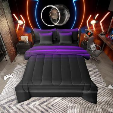 Imagem de Erosebridal Conjunto de cama de 7 peças ombré, solteiro, gradiente, com lençóis, arte geométrica, abstrata, estampa 3D, moderna, em uma bolsa, preto, roxo, cinza