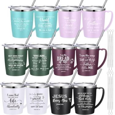 Imagem de Widecook 12 peças canecas de café cristãs com tampa e canudo versículo bíblico copos de presentes religiosos 350 ml copo inspirador isolado de aço inoxidável para igreja mulheres homens (multicolorido