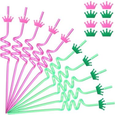 Imagem de Widecook 24 canudos rosa e verde, lembrancinhas de festa de princesa, canudos reutilizáveis em forma de coroa de plástico para festa de bruxa e princesa para aniversário musical, 26 cm