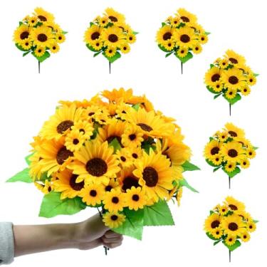 Imagem de Pacote com 6 girassóis flores artificiais a granel primavera verão decoração, flores falsas seda falso girassol buquê arranjo para vaso mesa de casamento casa varanda interior exterior decoração