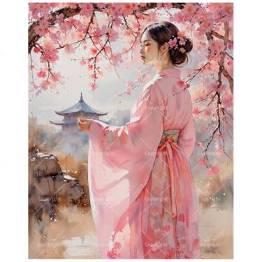 Imagem de TAOPAOLAB Kit de pintura de arte asiática por números para adultos - DIY mulher em quimono com pintura de flores de cerejeira em tela 30 x 40 cm, conjunto de tinta acrílica emoldurada, adequado para