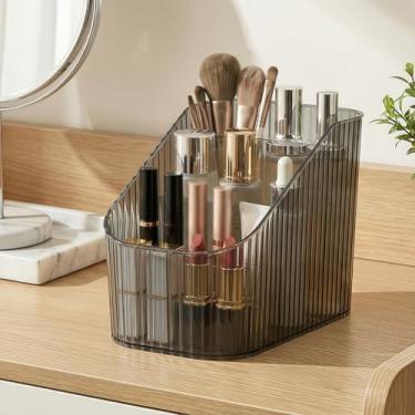 Imagem de Suporte de bandeja de maquiagem, organizador de bancada de banheiro, estojo de exibição de cosméticos, 3 divisórias para cuidados com a pele, perfume, pincel de maquiagem - cinza