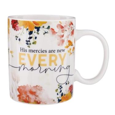 Imagem de P. Graham Dunn Caneca de café de porcelana branca Bloom Collection de 425 g – His Mercies Are New Every Morning com borda floral amarela e coral