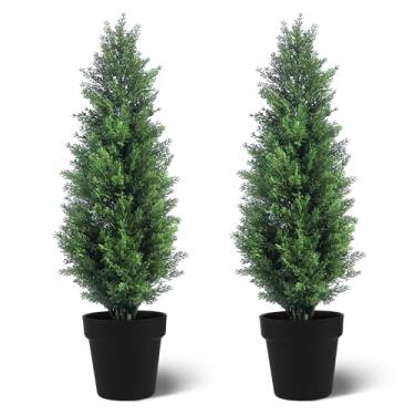 Imagem de Duas árvores perenes artificiais de 6 m de altura, bonito e realista cipreste falso em vaso humano, uma planta perene para decoração de varanda doméstica, adequada para decoração de interior
