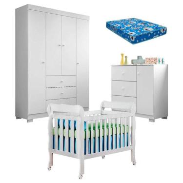 Imagem de Quarto de Bebê Duda 4 Portas e Berço Americano Lila Branco Brilho com Colchão Ortobom – Phoenix Baby