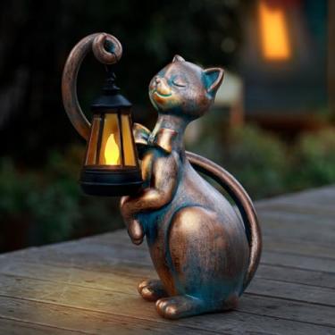 Imagem de WHIMSYNOOK Estátua de luz solar de gato bronze de 27,2 cm – design fofo de gatinho, acabamento em bronze, LED movido a energia solar, decoração de quintal e gramado ao ar livre, para amantes de gatos