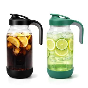 Imagem de Sursip Jarra de vidro de 1,8 l com tampa de bico de despejo, jarro de vidro de 2 litros para geladeira, hermético e à prova de vazamento, jarro de água antiderrapante de boca larga para café, suco