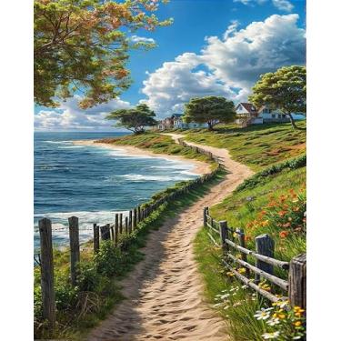 Imagem de GXGLLPZBY Kit de pintura por números para adultos iniciantes, litorâneo, prado, kit de pintura por números em tela, kit de pintura de números acrílicos a óleo faça você mesmo, decoração de parede para