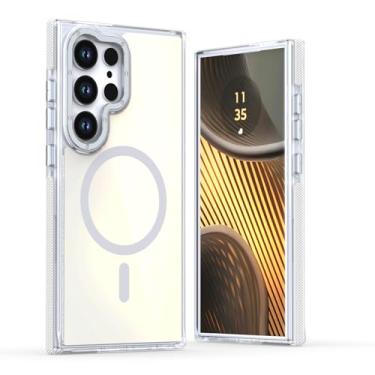 Imagem de POYUFRG Capa magnética para Samsung Galaxy S26 Ultra/S26 Plus/S26, capa de telefone antiderrapante gradiente fina com moldura de metal capa de proteção de lente, branca, S26 Plus