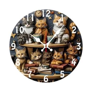 Imagem de Relógio De Parede Redondo De Madeira Silencioso Com Design De Gato Par
