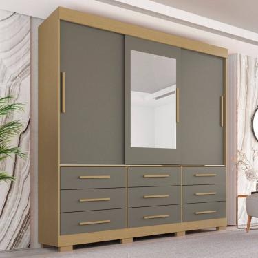 Imagem de Guarda-roupa com Pés e Espelho Casal 3 Portas 9 Gavetas Luana Jequitibá/Granizo