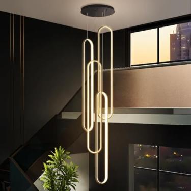 Imagem de Lustre moderno de LED para escada, modelo losango, em alumínio, com intensidade de luz ajustável e controle remoto, ideal para tetos altos em quartos e salas de jantar (tipo Xuanguan, A, 4 l