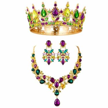 Imagem de Henoyso 3 peças de colar carnaval coroa brincos conjunto de joias presente de carnaval para mulheres strass contas de cristal roxo verde ouro colar coroa brincos para festas festivas de carnaval
