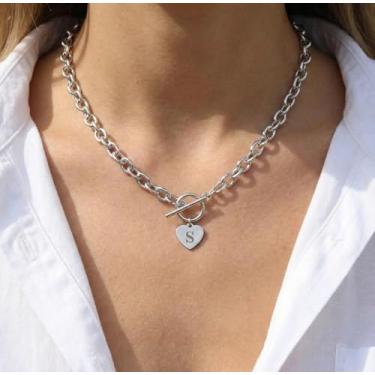 Imagem de Colar feminino com inicial de coração, letra personalizada, fecho de botão prateado, corrente de elos grossos, pingente de cadeado não mancha, joia punk Y2K gótica, Adjustable, Metal, Sem Pedra