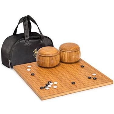 Imagem de Yellow Mountain Imports Jogo de tabuleiro de bambu reversível gravado 48 x 48 cm (2,1 cm) com pedras de melamina convexas duplas e tigelas de bambu - Jogo de tabuleiro clássico de estratégia (Baduk/Weiqi)