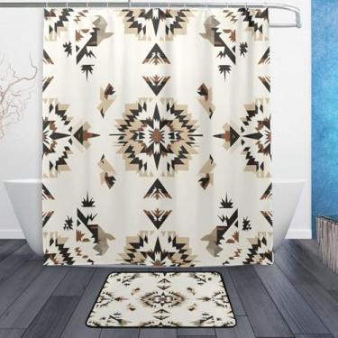 Imagem de xigua Conjuntos de tapetes de cortina de banho com padrões de tapeçaria nativa americana 2 peças, conjunto de tema de banheiro (152 x 182 cm) com cortina de chuveiro e tapete antiderrapante -12