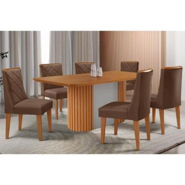 Imagem de Conjunto Sala de Jantar Pilar c/ Tampo Madeirado Canto Curvo 180x90cm e 6 Cadeiras Pietá Madeira Maciça Naturale/Off White - Capuccino/Suede Marrom-Ru
