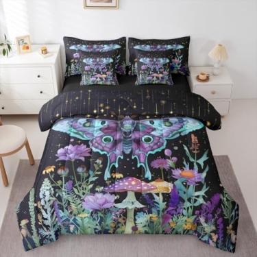 Imagem de Erosebridal Conjunto de cama casal de 7 peças com estrelas mariposas, margarida, lótus, lavanda e lençóis, cama boêmia, sonhadora, misteriosa, em uma bolsa, tema azul gótico