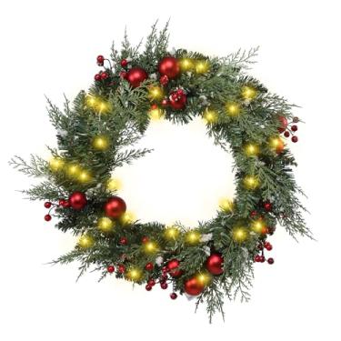 Imagem de Chonsun Guirlanda de Natal grande de 50,8 cm com luzes de LED para porta da frente ou parede, alimentada por 3 pilhas AA para decoração de festas internas e externas