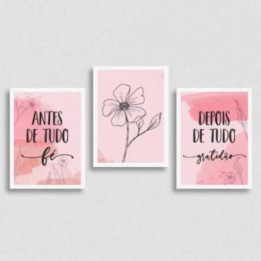 Imagem de Kit 3 Quadros Sobre Fé E Gratidão Rosa 24X18Cm - Quadros On-Line