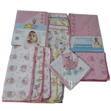 Imagem de Kit 3 cueiro 8 fraldas 2 toalhas banho capuz  Menina