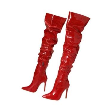 Imagem de Botas De Salto Alto Vermelhas Acima Do Joelho Para Mulheres, Em Couro 