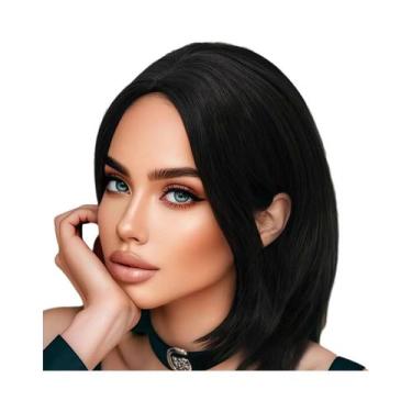 Imagem de Peruca Sintética Curta Bob Preto Natural Com Divisão Central, Comprime