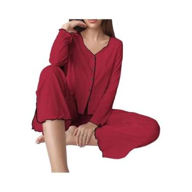 Imagem de Conjunto De Pijama Feminino De Outono Inverno Em Cor Sólida, Manga Lon