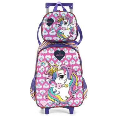 Imagem de Kit Mochila Rodinhas Lancheira Luxcel Up4You Unicórnio Roxo