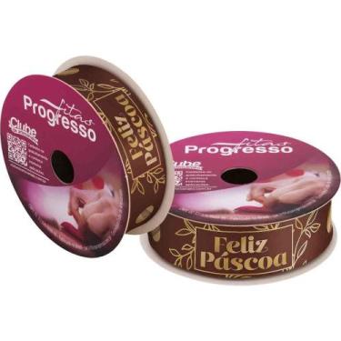 Imagem de Fita de Cetim Decorada 22MM 10M. Feliz Pascoa MARROM/ - Fitas Progress