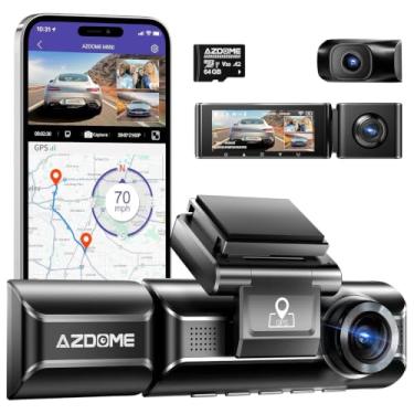 Imagem de AZDOME Câmera veicular M550 PRO 3 canais 4K WiFi, frente dupla e traseira, câmera tripla para carro, cartão de 64 GB, GPS, visão noturna, WDR IPS 3.19, modo de estacionamento Ideal Para Uber/99