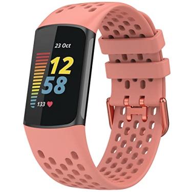 Imagem de TopPerfekt Pulseiras esportivas compatíveis com Fitbit Charge 5, pulseira de substituição esportiva de silicone macio respirável ajustável para Charge 5 Activity Tracker feminino masculino (laranja rosa)