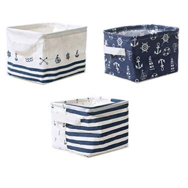 Imagem de Cestos de armazenamento de tecido náutico da Lannu, cestas, cestos, tecido, organizadores dobráveis, caixa de brinquedos para crianças, prateleiras e mesas de praia, pacote com 3