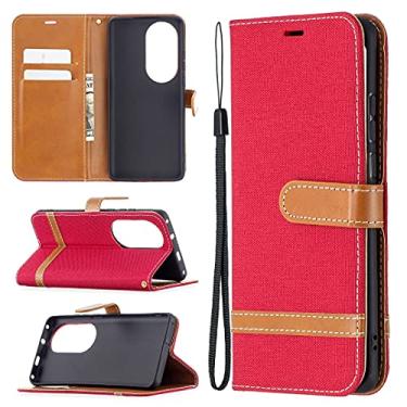 Imagem de HONGYAN Capa de telefone Para Huawei P50 Pro Color Matching Denim Texture Horizontal Flip Capa de Couro Com Holder & Cart Slots & Carteira e Cordão Capa protetora