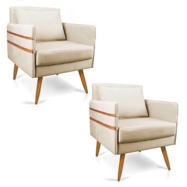 Imagem de Kit 02 Poltronas Mari Suede Bege Pés Palito Castanho