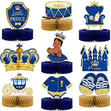 Imagem de 9 peças de topos de mesa temáticos de colmeia de príncipe real para bebês meninos, decorações de mesa afro-americanas azul e dourado, centro de mesa para chá de bebê, suprimentos de decoração de aniversário