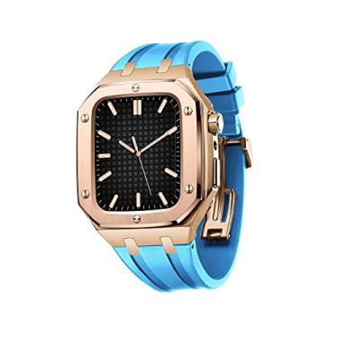 Imagem de KANUZ Capa protetora militar para Apple Watch Series 7 SE 6 5 4 Capa protetora de metal com pulseira de silicone à prova de choque 45mm 44mm (Cor: rosa céu azul, tamanho: 45mm para 7)